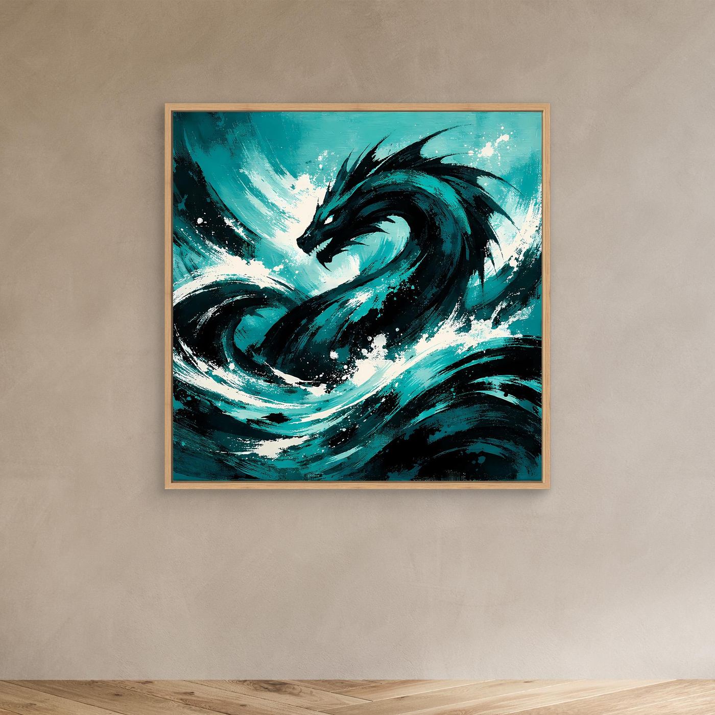 Abstraktes Ozean-Wandbild mit Seemonster-Drachen, türkise Wellen in Schwarz, Eichenrahmen