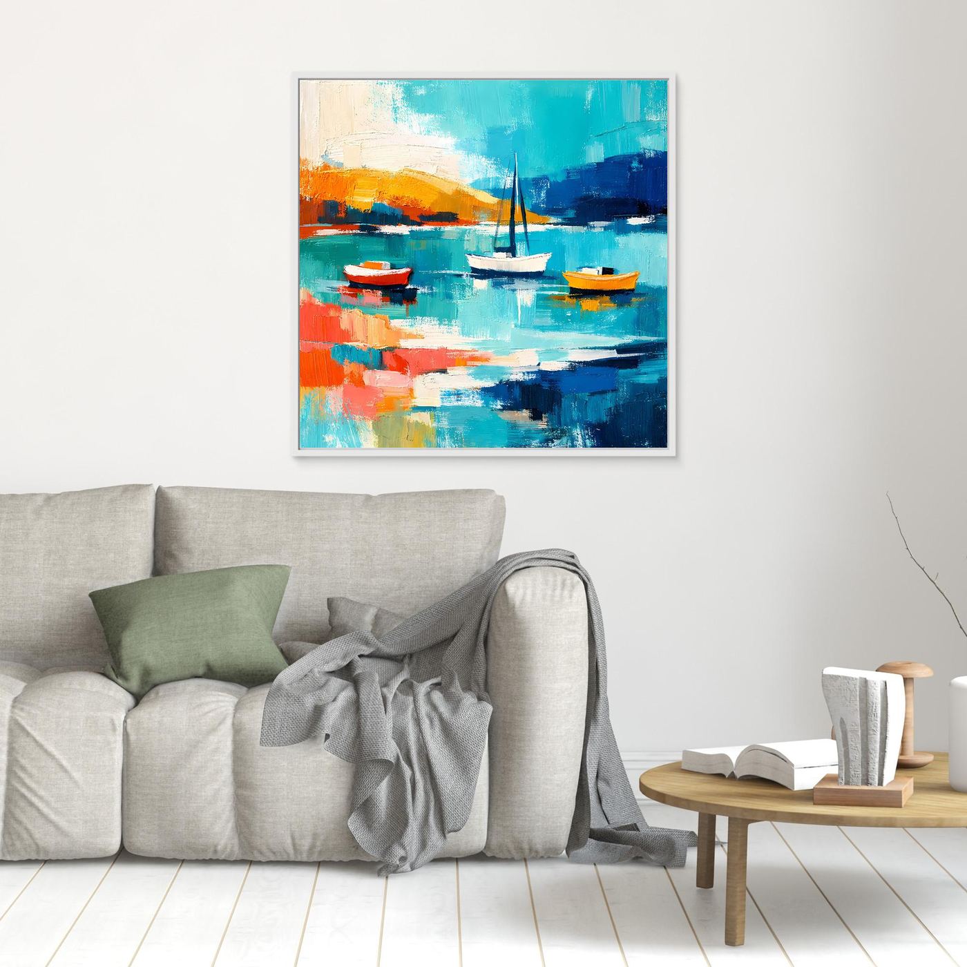 Small framed abstract sailboat canvas with teal water and orange boats, central sail