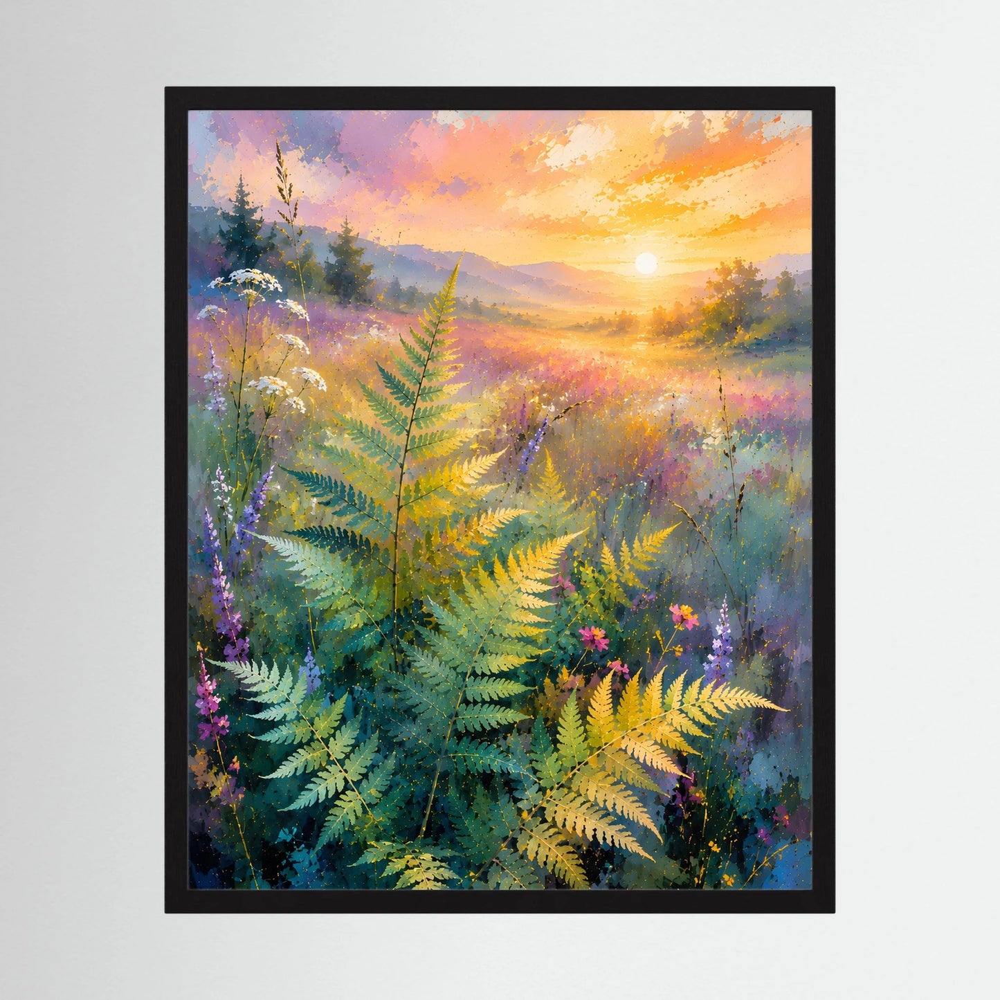 Gerahmtes Naturposter im Hochformat mit abstrakten Farnen in Pastellfarben und goldener Sonne
