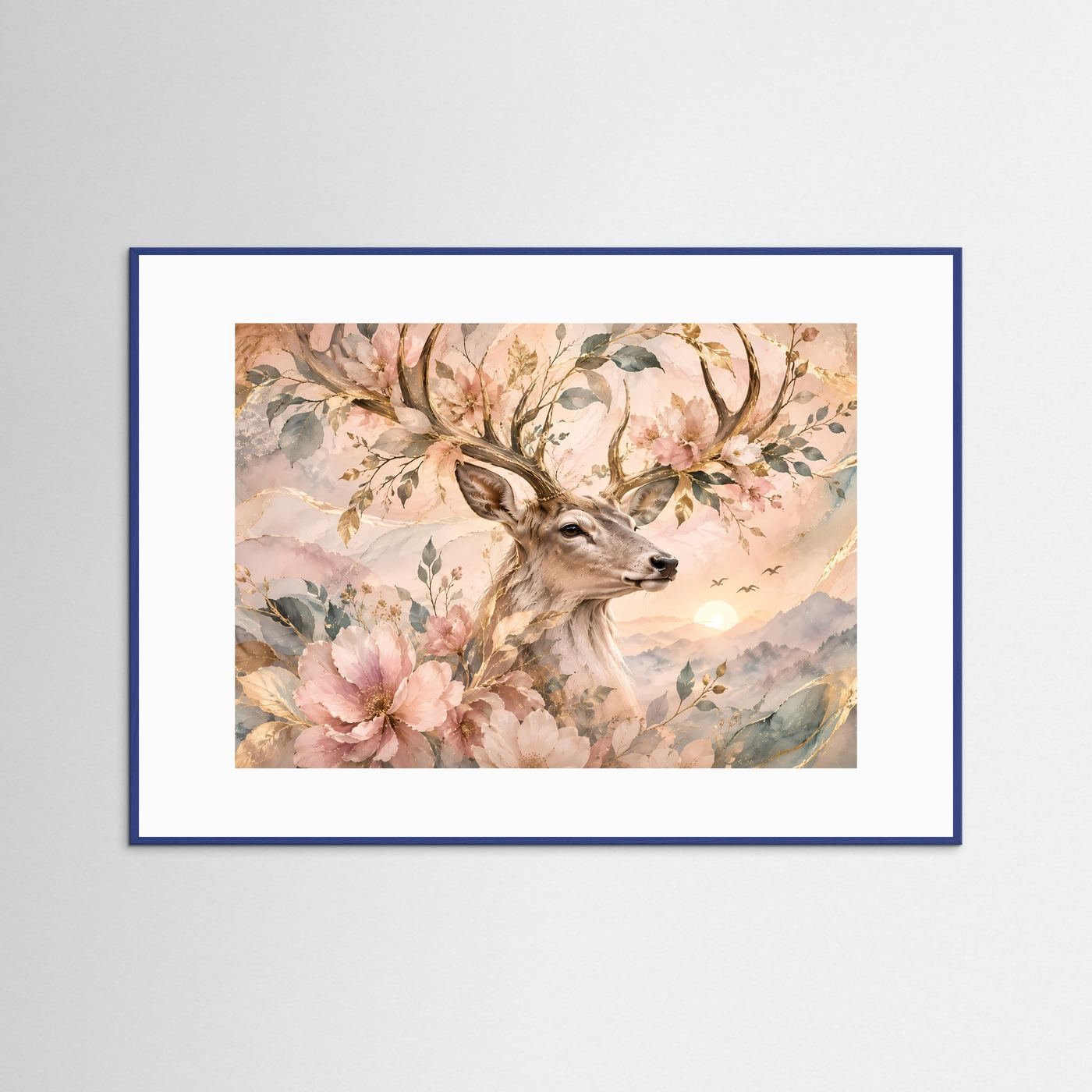 Hirsch mit Blüten Poster | Eleganter Hirsch in floraler Naturkunst | Pastell Wandbild mit Goldakzenten | Romantische Waldkunst | Premium Leinwand & Wall Art