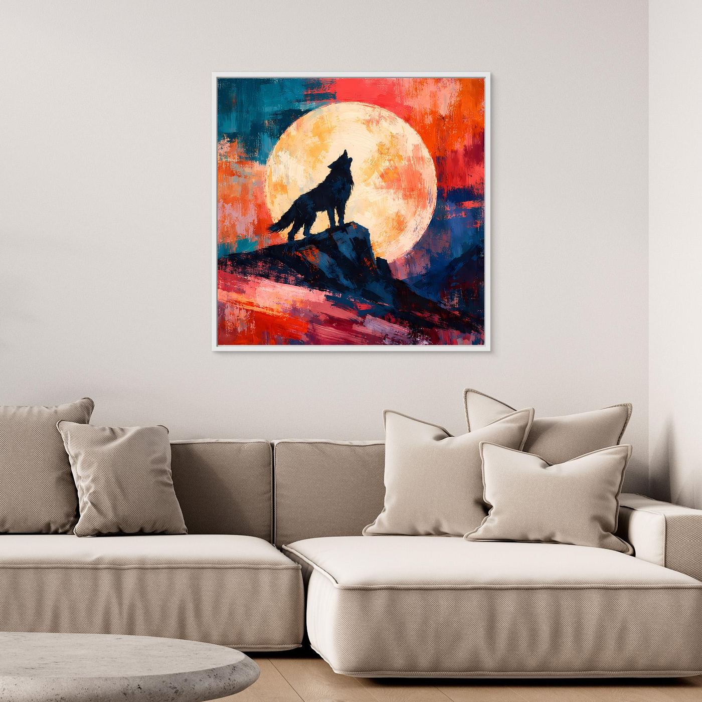 Leinwand Abstraktes Wolf Gemälde | Modernes Mystisches Wandbild Heulender Wolf Vollmond