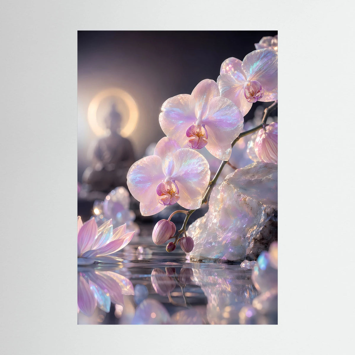 Hochformatiges Poster mit perlmuttfarbenen Orchideenblüten im Nahdetail.