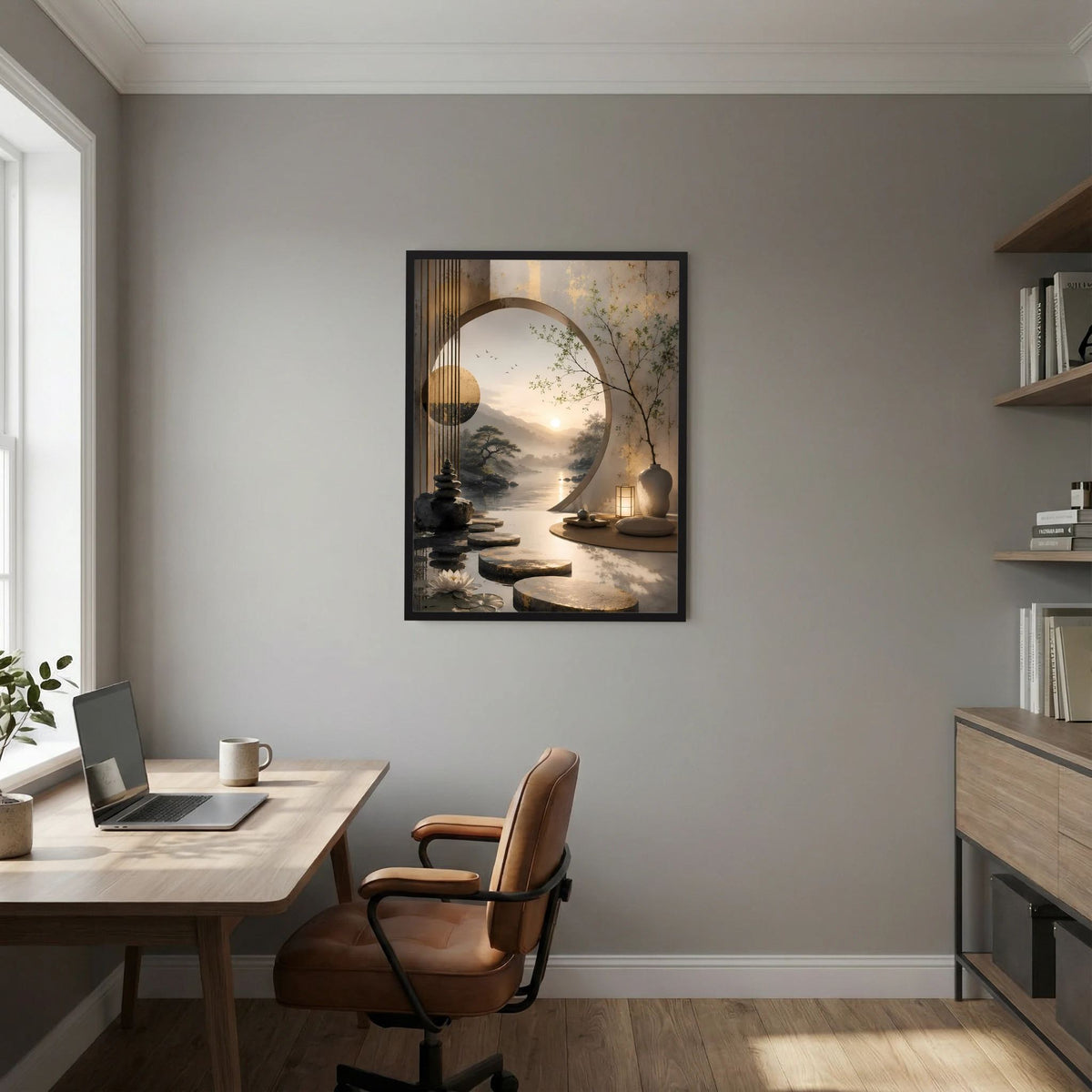 Hochformatiges Poster im schwarzen Rahmen über dem Sideboard mit Zen-Garten und Sonnenaufgang.