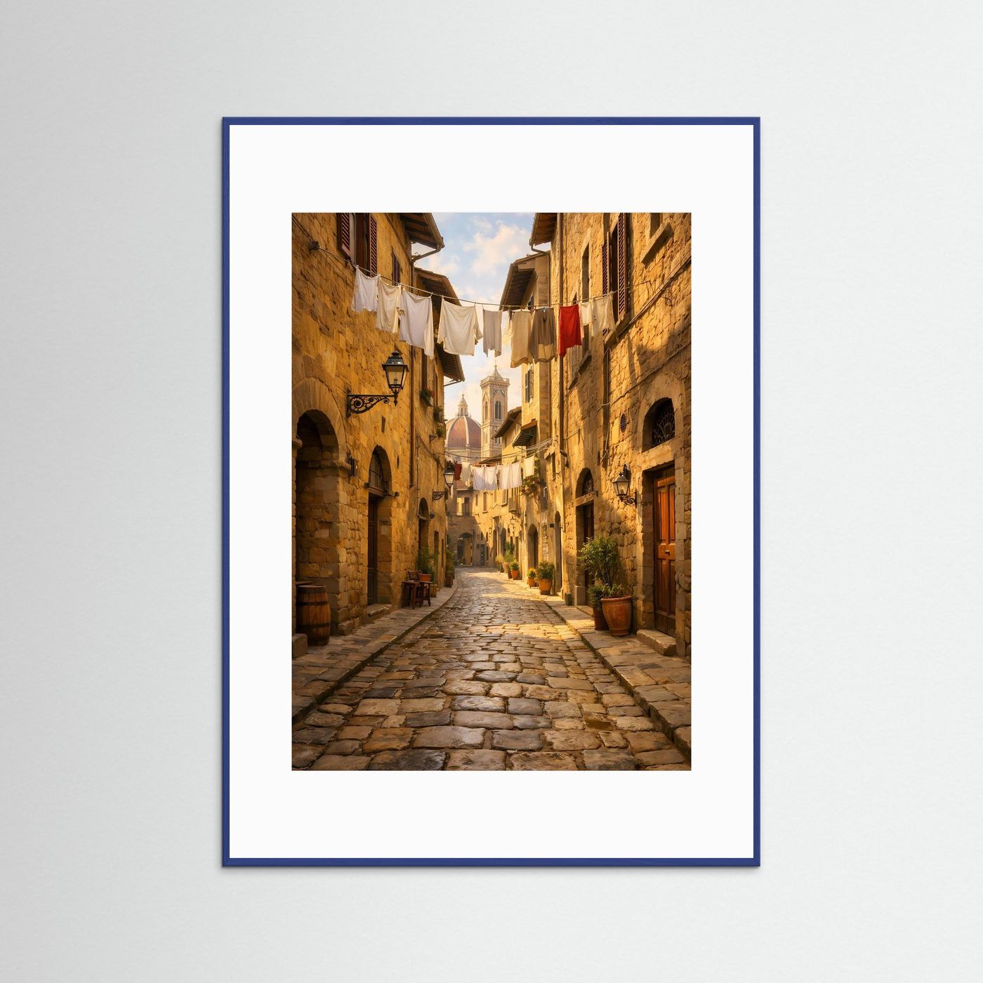 Wandbild Toskanische Gasse Florenz mit blauem Rahmen und weißem Rand