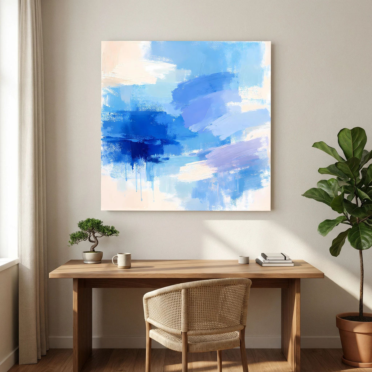 Leinwand Abstrakte Blaue Pinselstriche | Modernes Minimalistisches Wandbild Meer