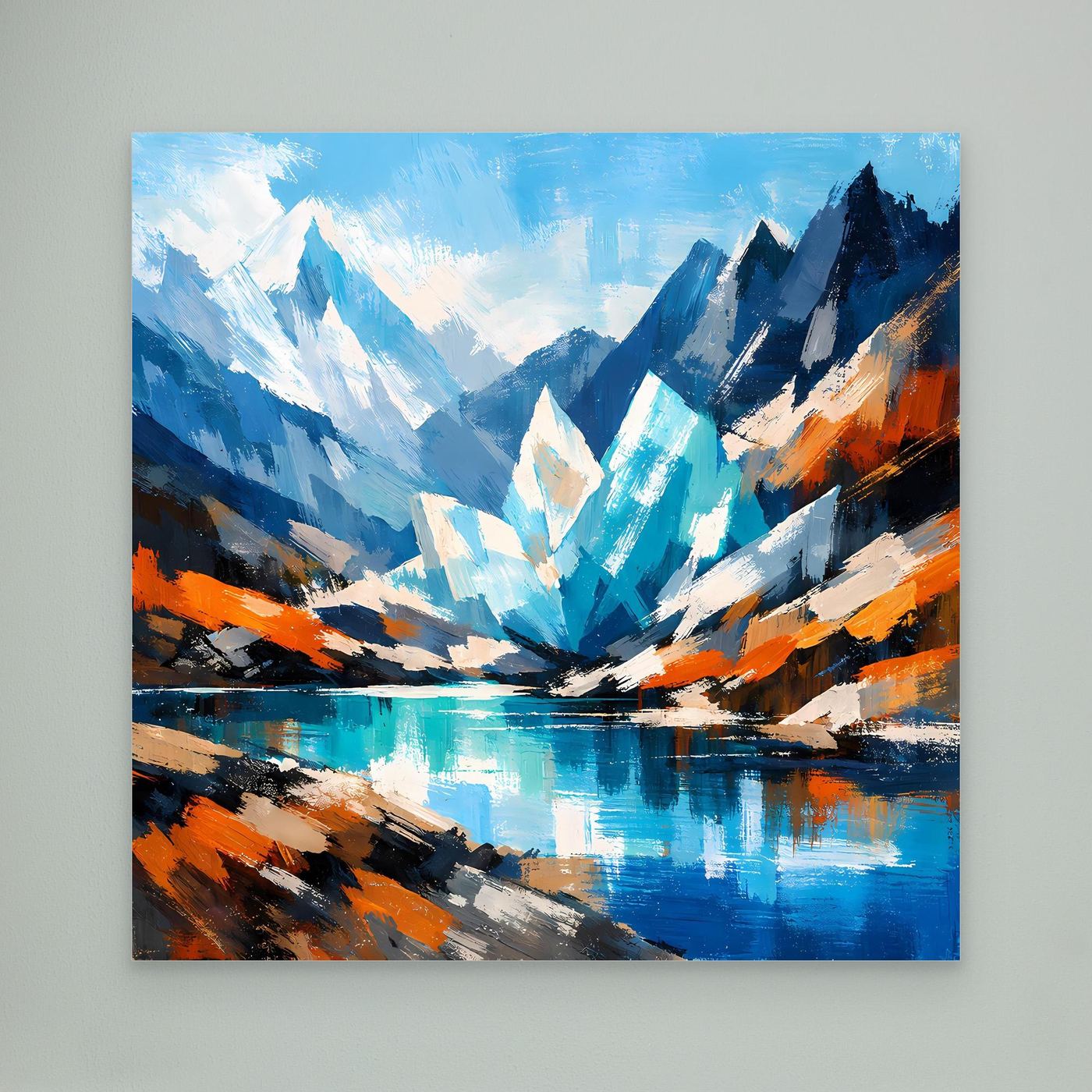 Abstraktes Leinwand-Wandbild mit Gletschersee, reflektierendem Blau und orange Akzenten, ohne Rahmen