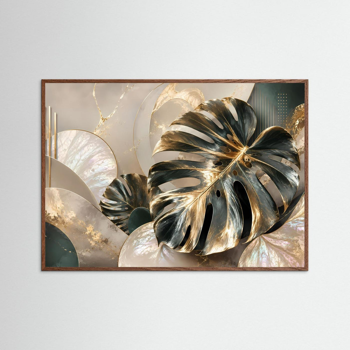 Querformat-Poster mit goldenen Monstera-Blättern, im dunkelbraunen Holzrahmen