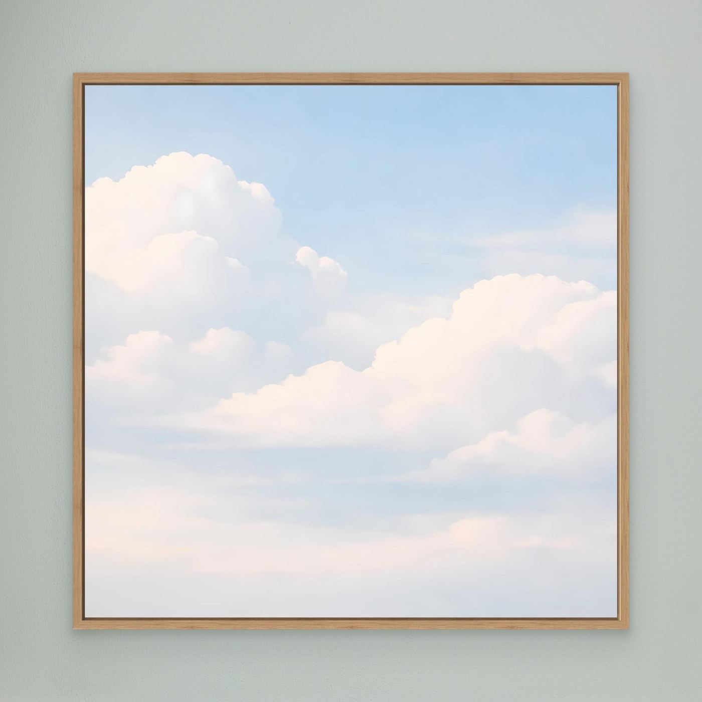 Quadratisches Leinwandbild mit pastellfarbenen Wolken am hellblauen Himmel, Eichenrahmen