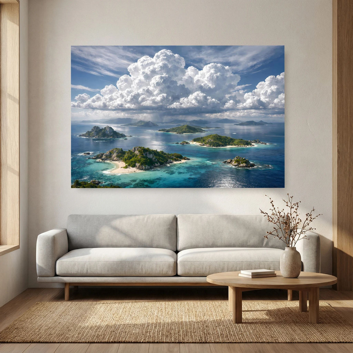 Wandbild mit Inselküsten, türkisblauem Wasser und dichtem Wolkenhimmel