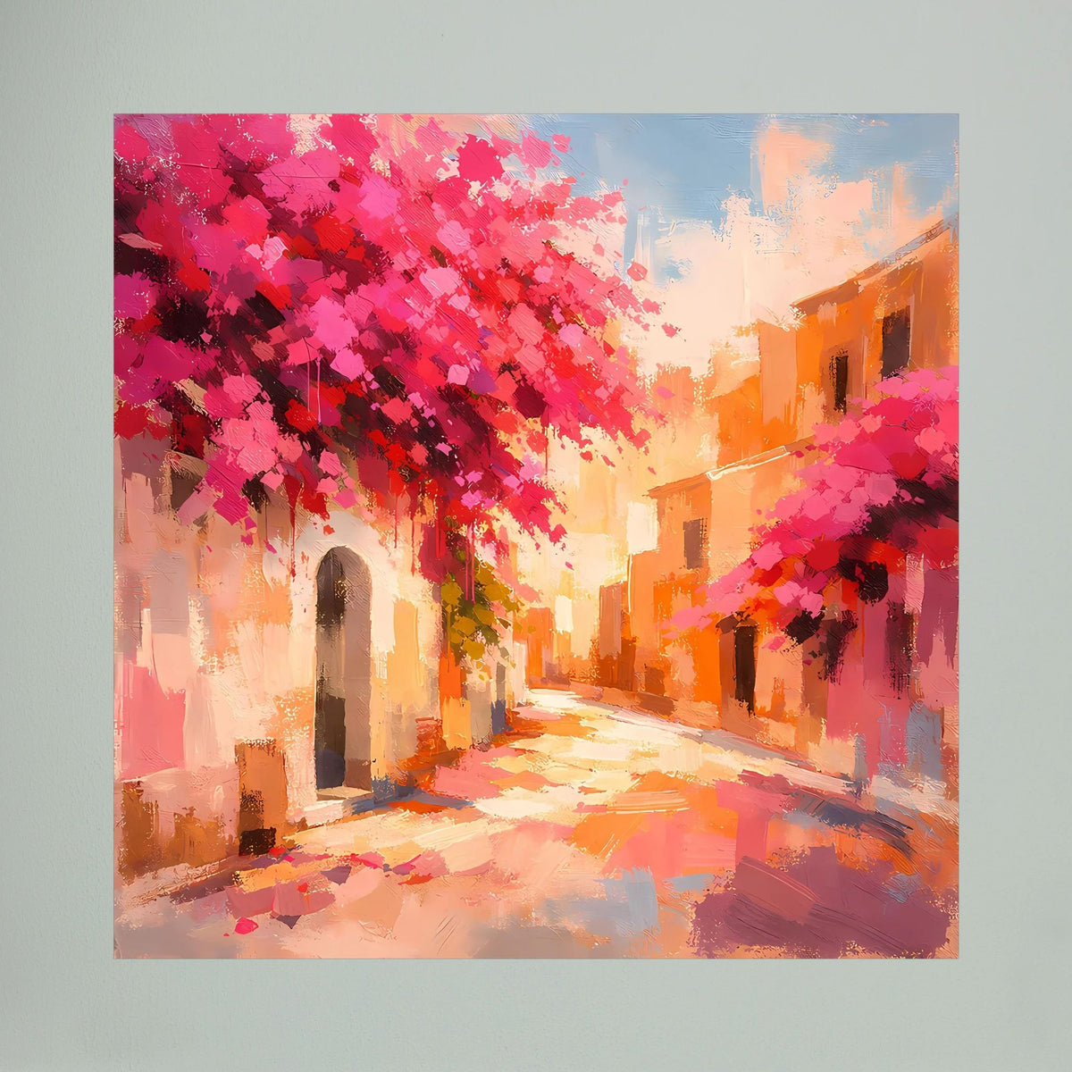 Abstraktes Leinwandbild: rosa blühende Bäume über einer mediterranen Gasse im Pastellstil