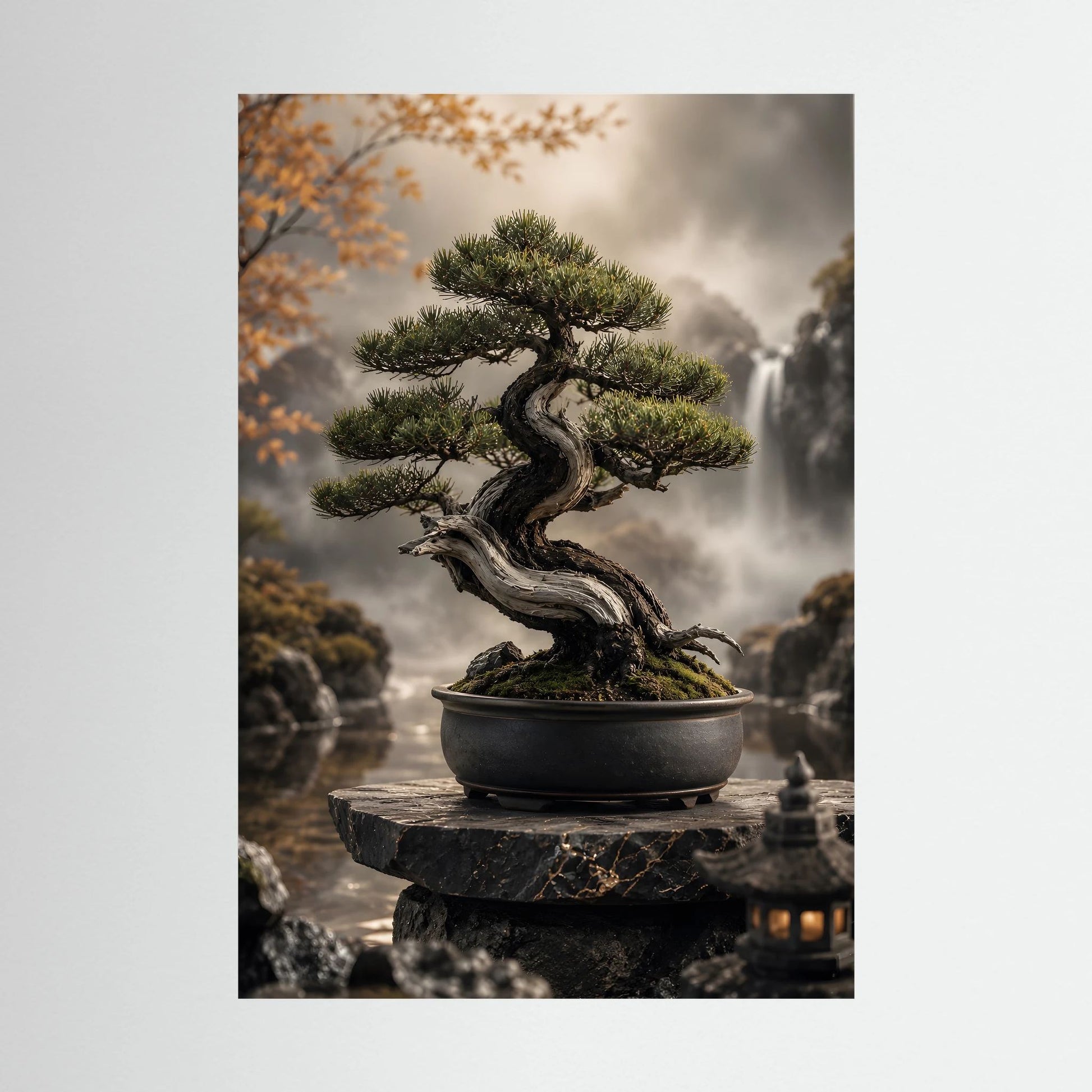 Bonsai-Baum-Zenposter im Hochformat: knorriger Baum in schwarzer Bonsaischale