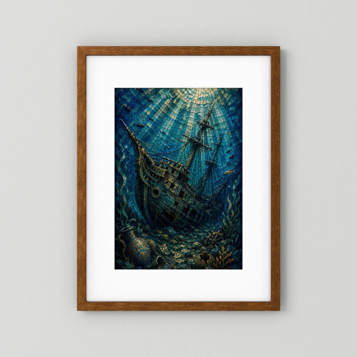 Gerahmtes Poster mit Holzrahmen und weißem Rand: Mosaik-Segelschiff unter Wasser, blau