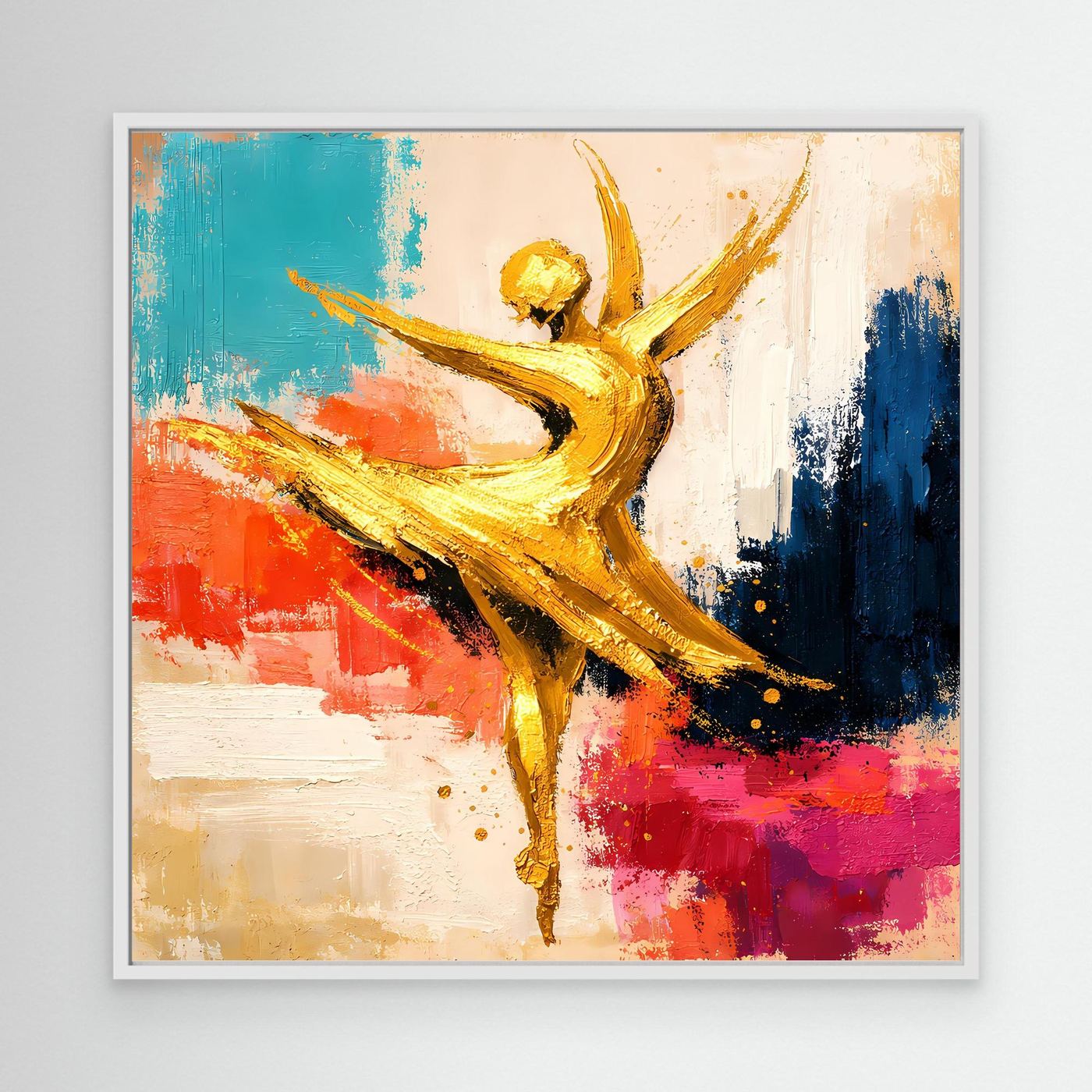 Abstraktes Leinwand-Wandbild mit goldener Ballerina, türkis, rot und blau, weiß eingefasst