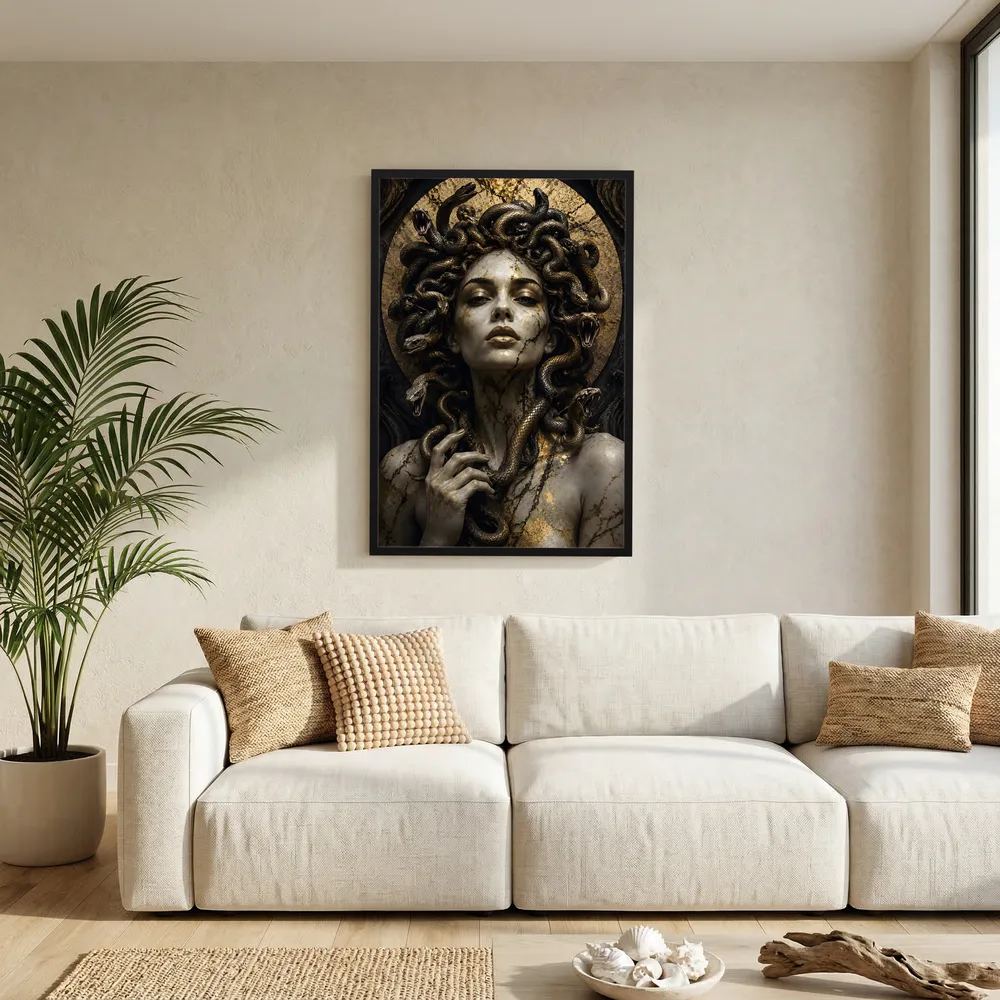 Poster der Schlangengöttin Medusa mit goldenen Schlangen, schwarzer Holzrahmen