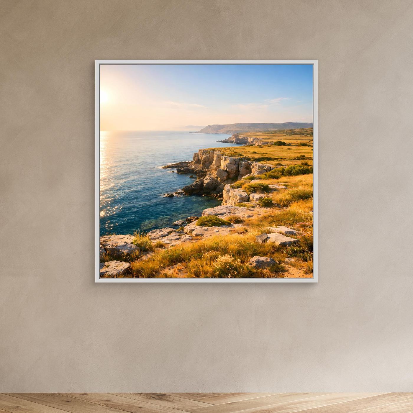 Leinwandbild Steilküste mit Meer und Felsen bei Sonnenuntergang, weißer Rahmen