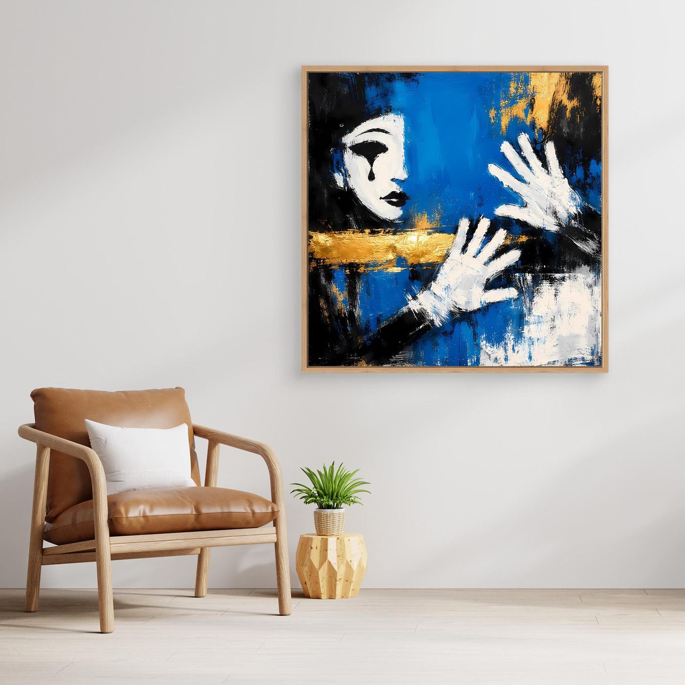Leinwand Melancholischer Mime in Blau | Abstraktes Pierrot Wandbild Gold