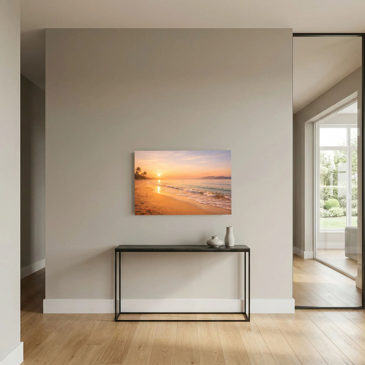 Wandbild Querformat mit Strand und Sonne am Horizont, ruhige Meeresoberfläche