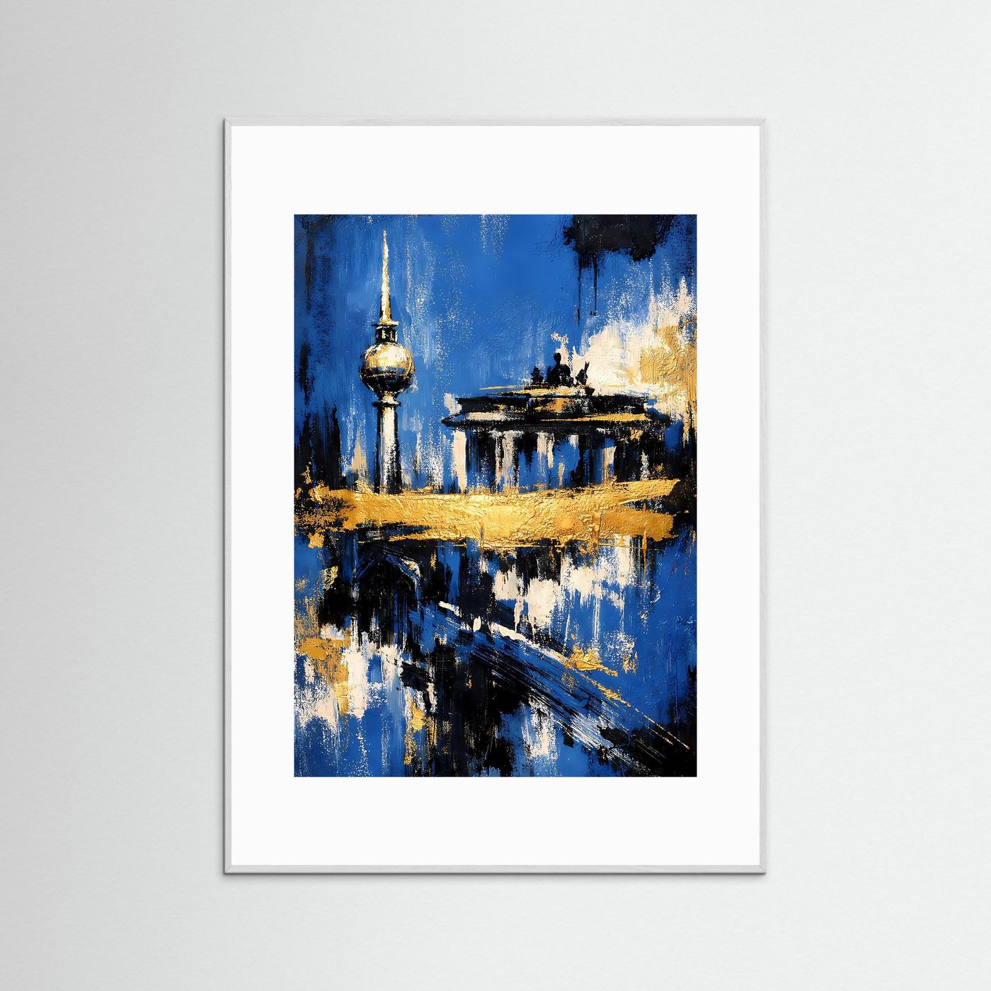 Abstraktes Skyline-Poster im silbernen Rahmen: Fernsehturm & Wahrzeichen in Gold/Blau