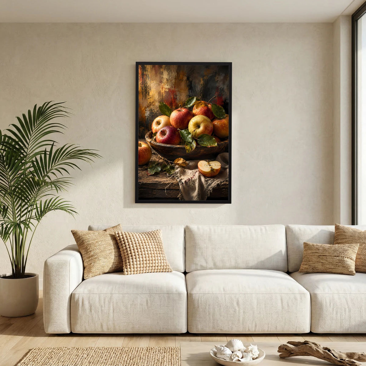 Hochformatiges Apfel-Poster mit roten und gelben Äpfeln in Schale, schwarzer Rahmen