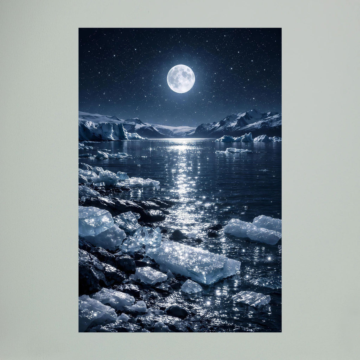 Nahansicht des Wandbilds: Vollmond über eisigem Wasser, Eisblöcke und dunkle Küste