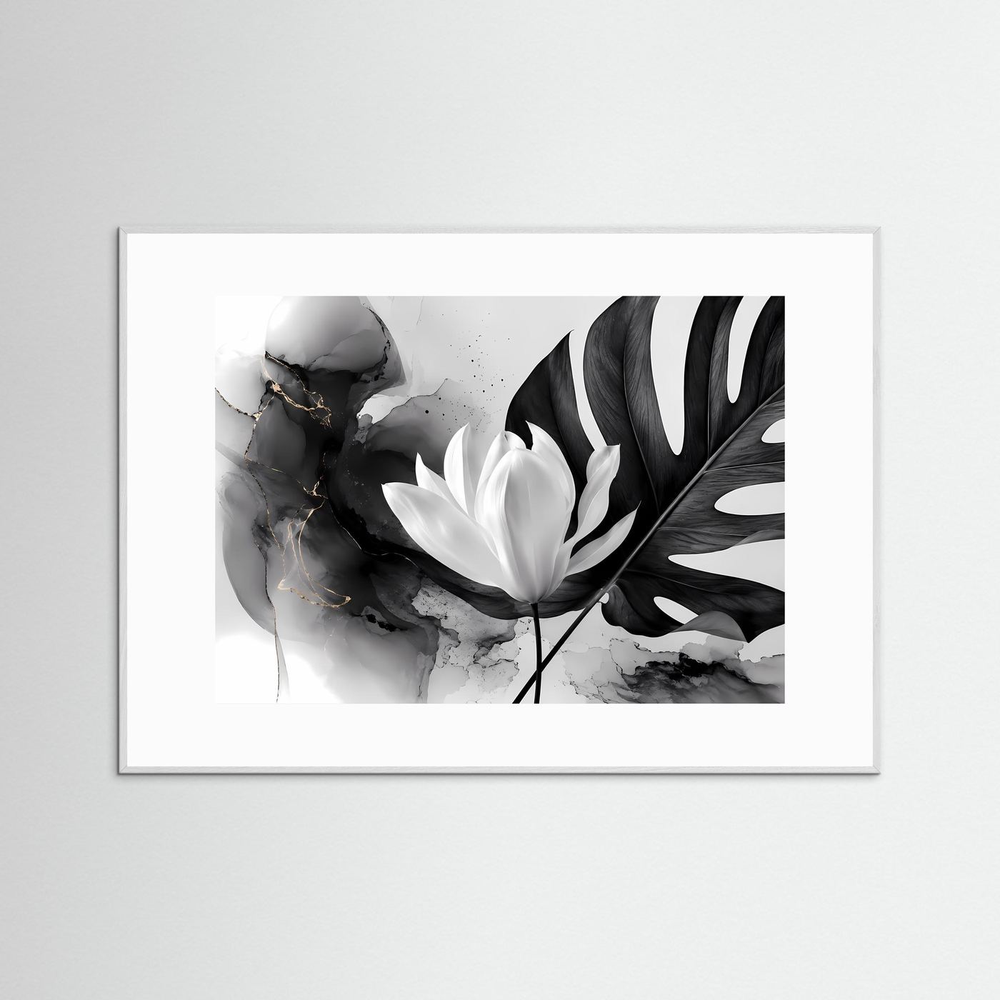 Schwarz Weiß Lotus Poster | Monstera Botanical Wandkunst | Minimalistische Blumen Kunst | Moderne Leinwand | Monochrome Natur mit Goldakzenten