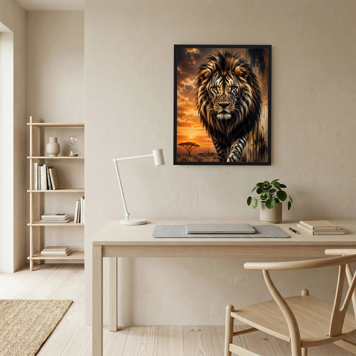 Poster mit Löwe mit Zebramuster über Schreibtisch, Sonnenuntergangsfarben