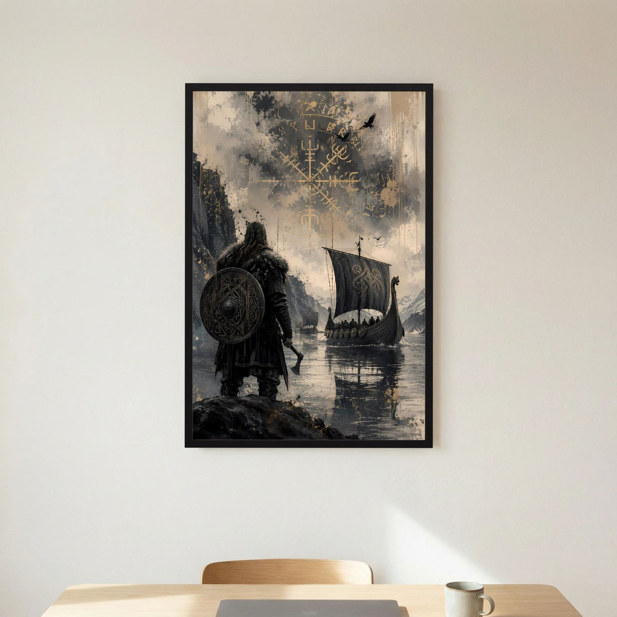 Schwarz gerahmtes Hochformat-Poster mit Wikingerkrieger, Schild, Langschiff und Runen