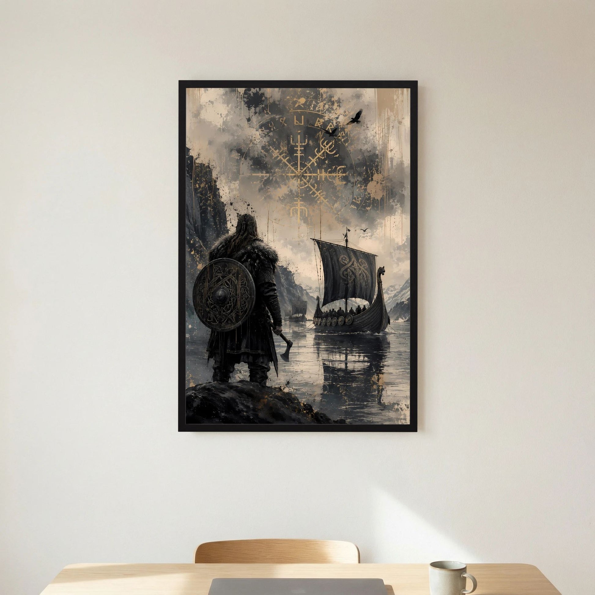 Schwarz gerahmtes Hochformat-Poster mit Wikingerkrieger, Schild, Langschiff und Runen