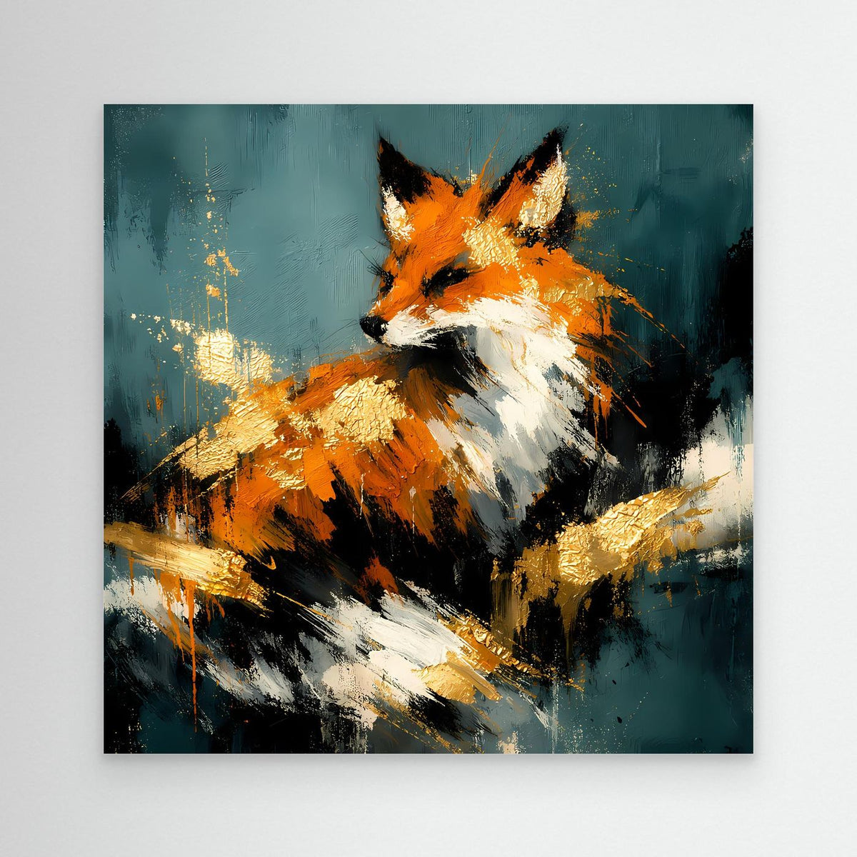 Leinwand-Wandbild: abstrakter Fuchs in Orange, Weiß und Gold, ohne Rahmen sichtbar