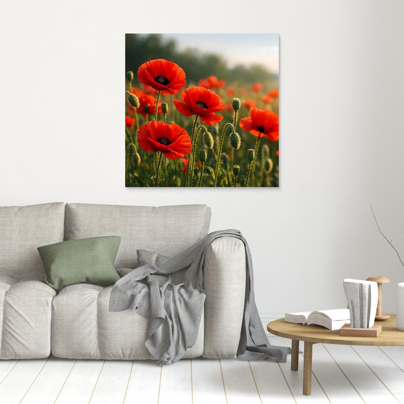 Wandbild mit rotem Klatschmohn auf grünem Feld, ohne sichtbaren Rahmen
