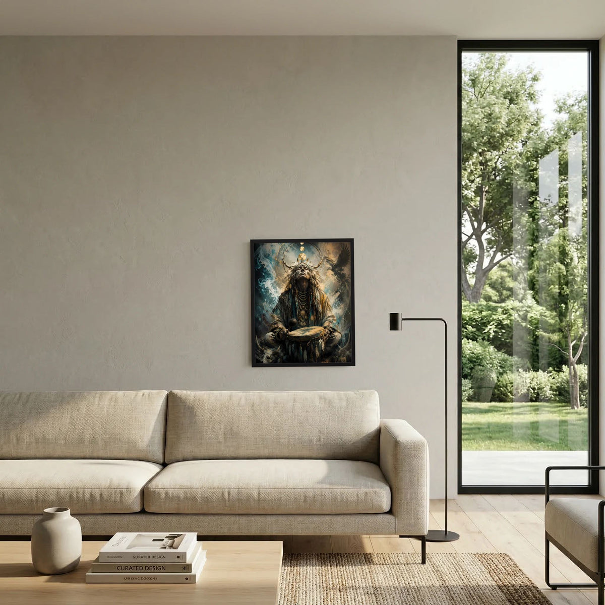 Kunstposter im Hochformat mit Schamane, Adler und Trommel in Blau- und Goldtönen