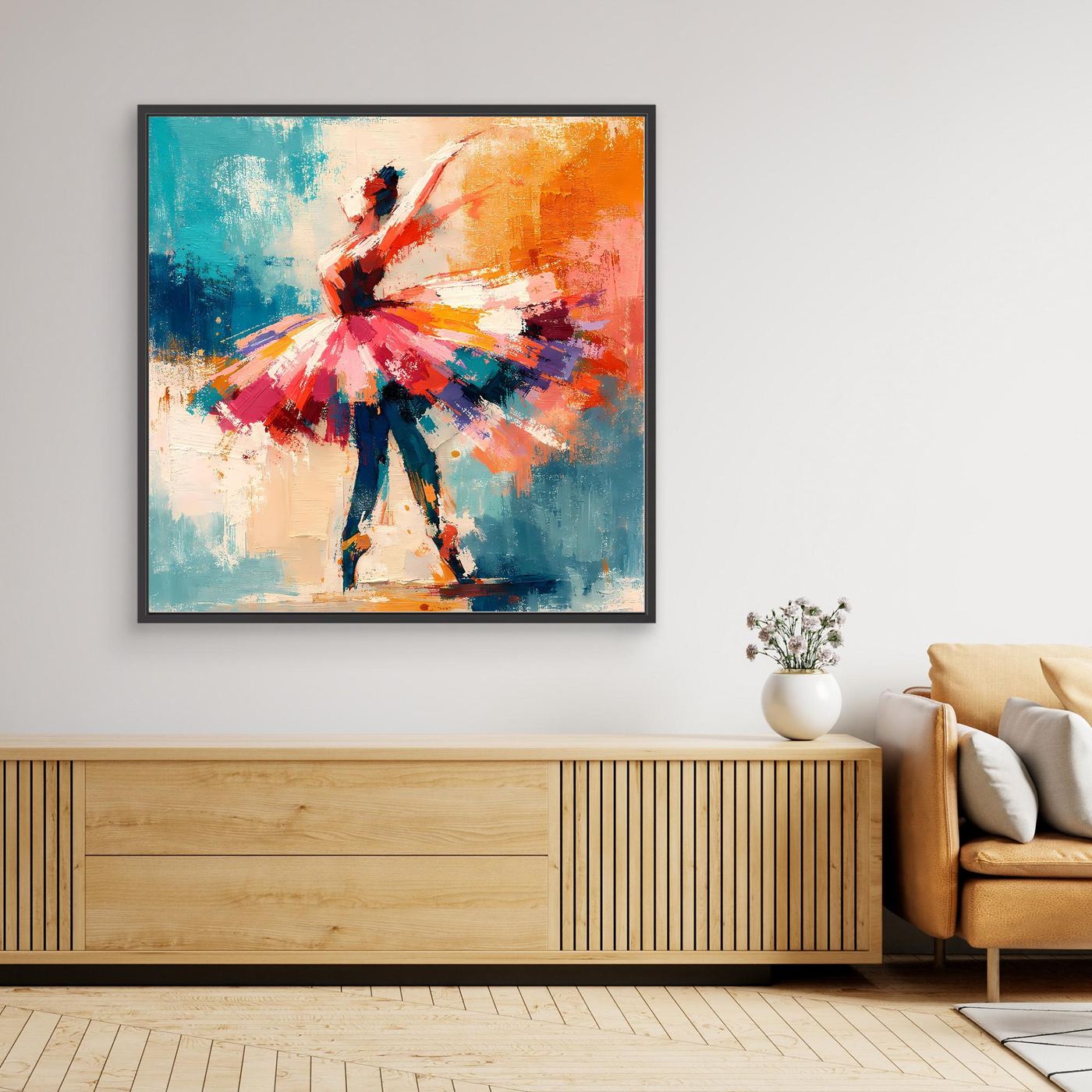 Framed abstract ballerina wall art with multicolor brushstrokes and teal background, black frame.
