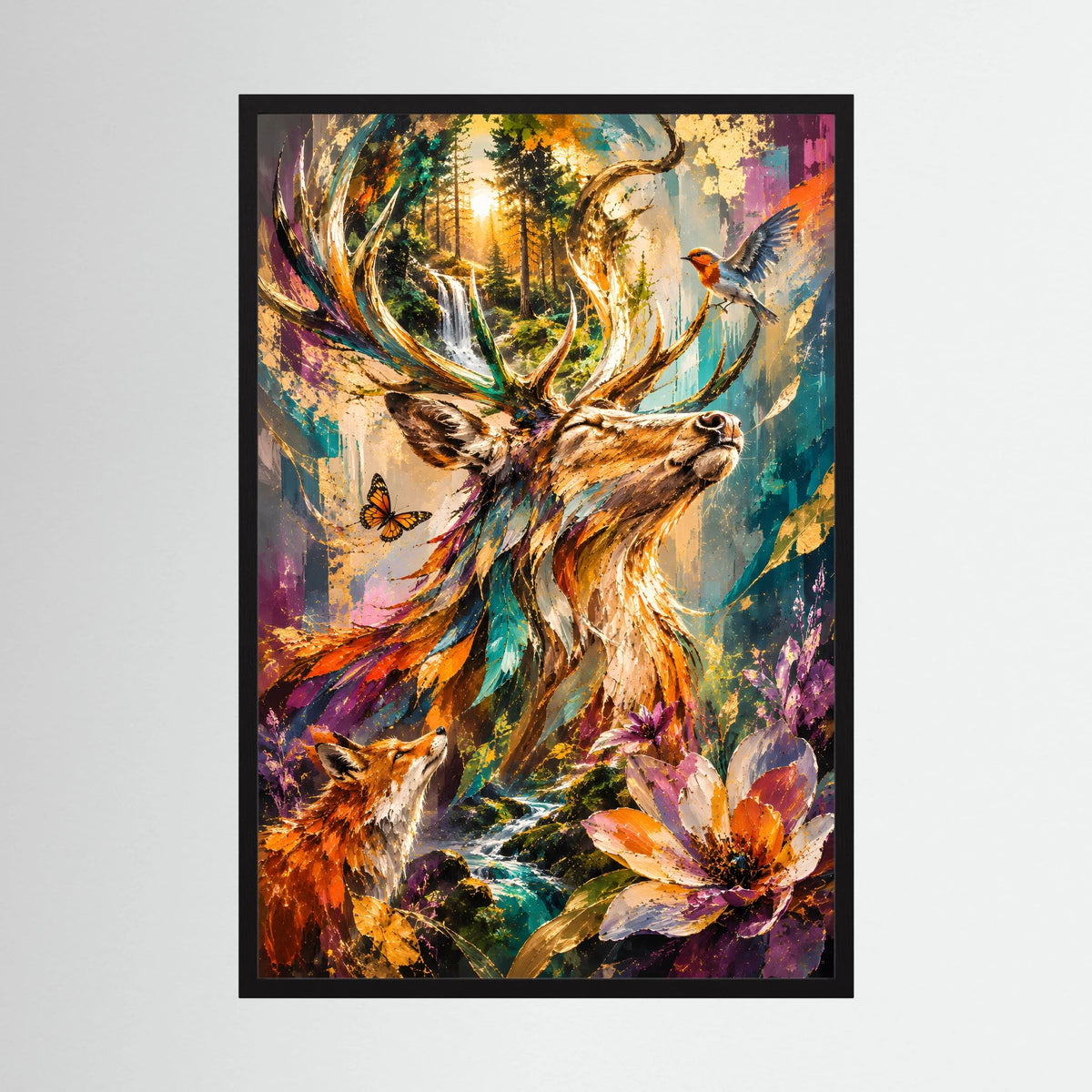 Poster mit Hirsch-Illustration und bunten Blumen, schwarz gerahmt