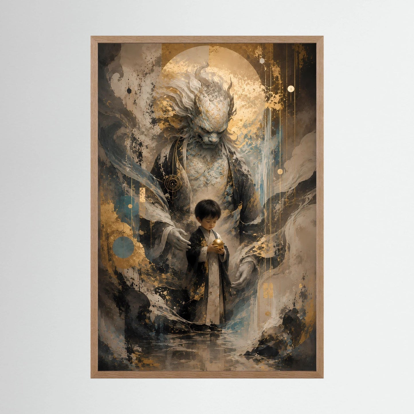 Hochformat-Poster mit mystischem Wächter und Kind im Gold-Schwarz-Stil, Holzrahmen