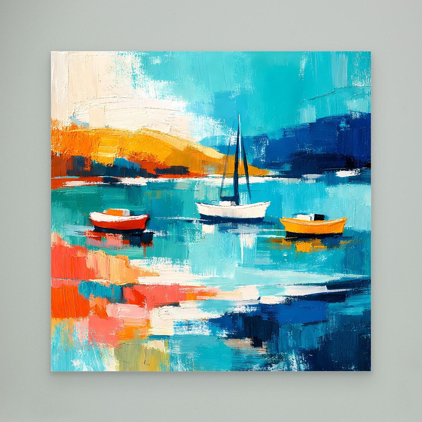 Abstract sailboat wall art on canvas, teal water with boats in blue and orange paint