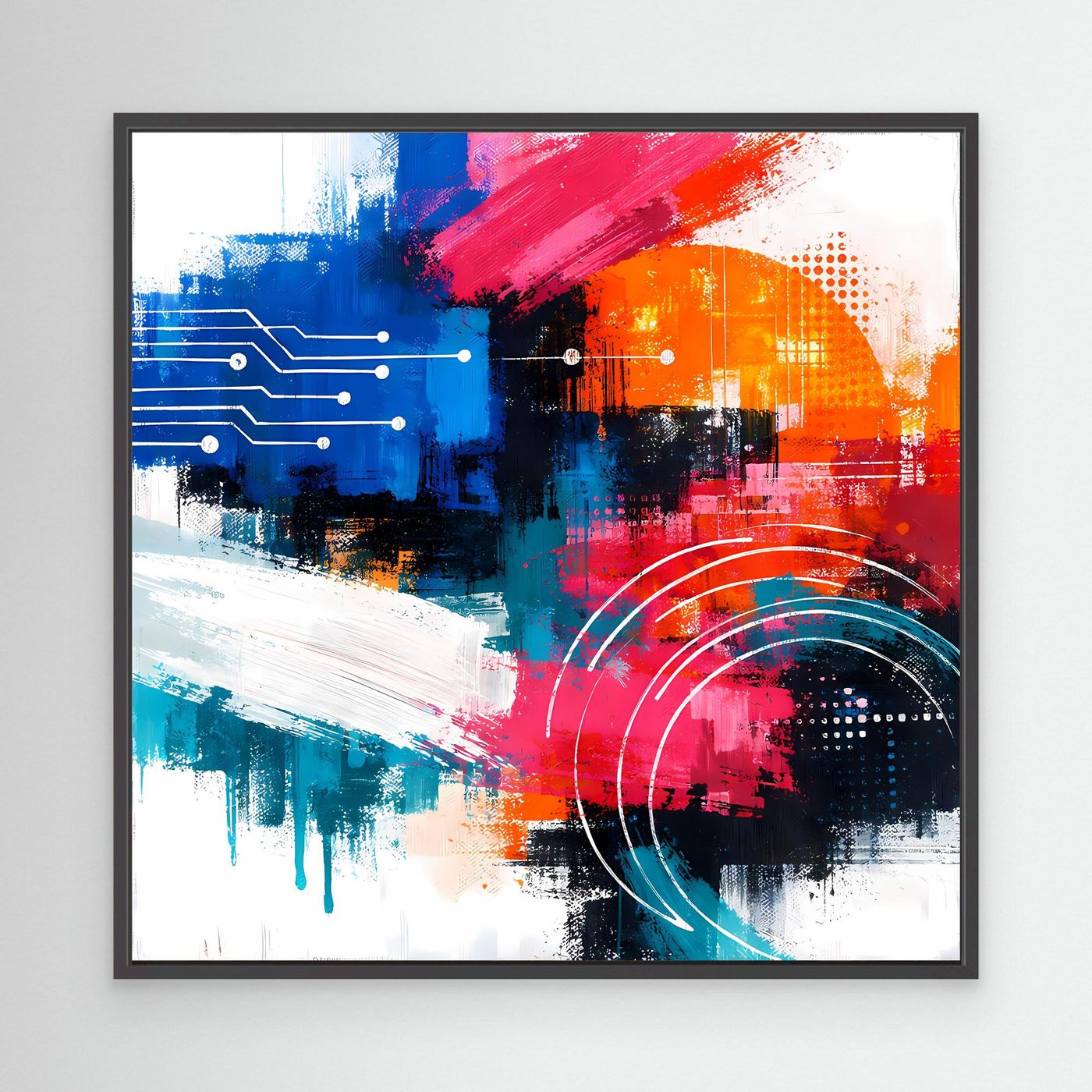 Abstract cyber wall art print in black frame, colorful geometric blocks and circular arcs