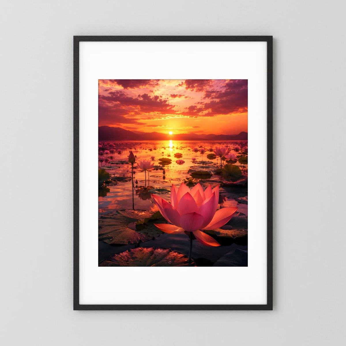 Poster mit roter Lotusblüte und Sonnenuntergang, im schwarzen Rahmen mit weißem Rand.