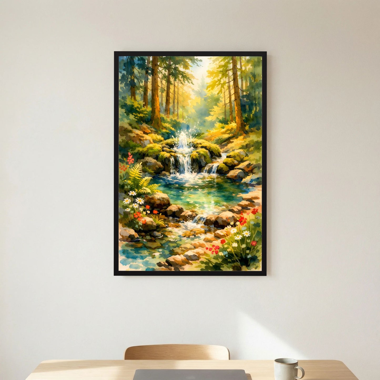 Hochformatiges Poster mit Waldwasserfall und Bach, Blumen am Ufer, schwarzer Rahmen.