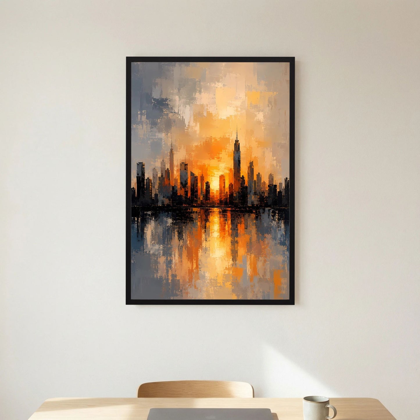 Wandposter Hochformat mit abstrakter Skyline bei Sonnenuntergang, Orange-Gold, schwarzer Rahmen