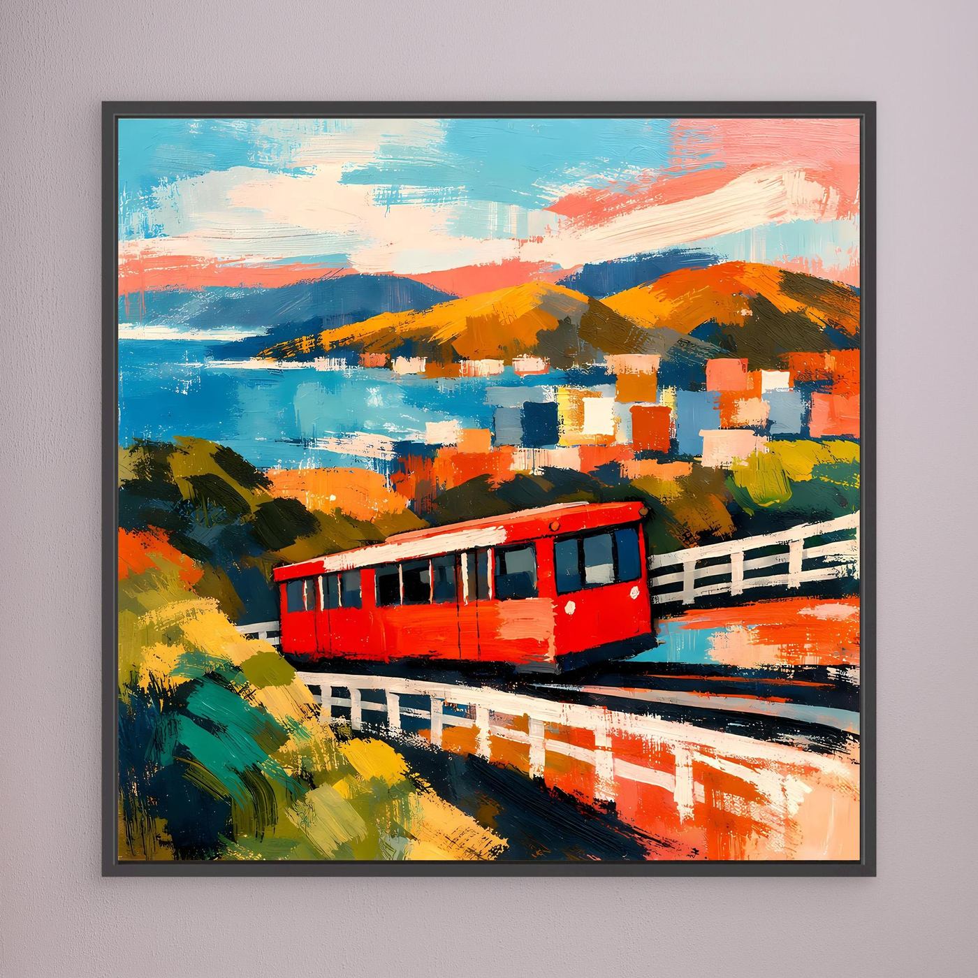 Gerahmtes Wandbild mit roter Seilbahn, orangeblauer Küste und mosaikartigen Farbflächen