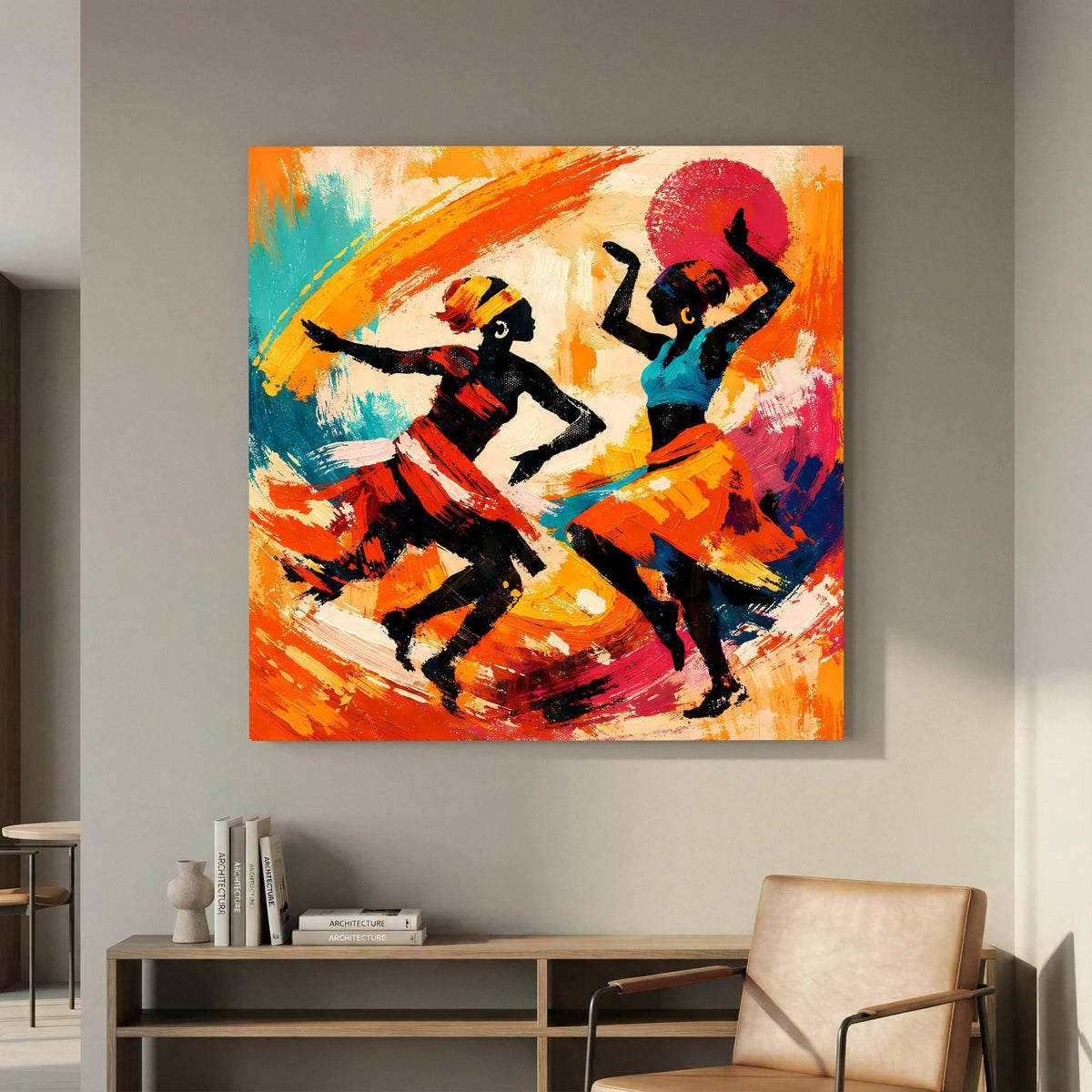 Quadratisches Leinwandbild mit tanzenden Figuren in dunklen Silhouetten, buntes Orange-Blau-Farbspiel