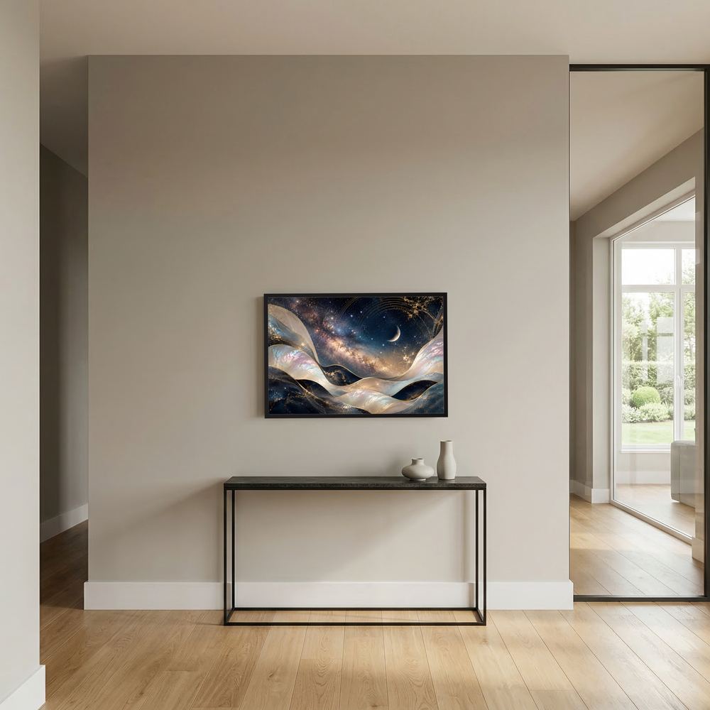 Kleines gerahmtes Wandbild: kosmische Szene mit Mond und goldenen Wellen