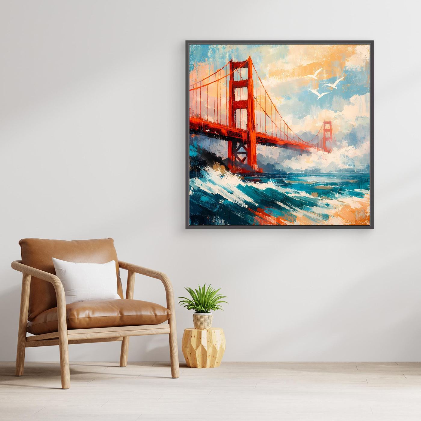 Abstraktes Leinwand-Wandbild der Golden Gate Bridge mit dunkelgrauem Rahmen.
