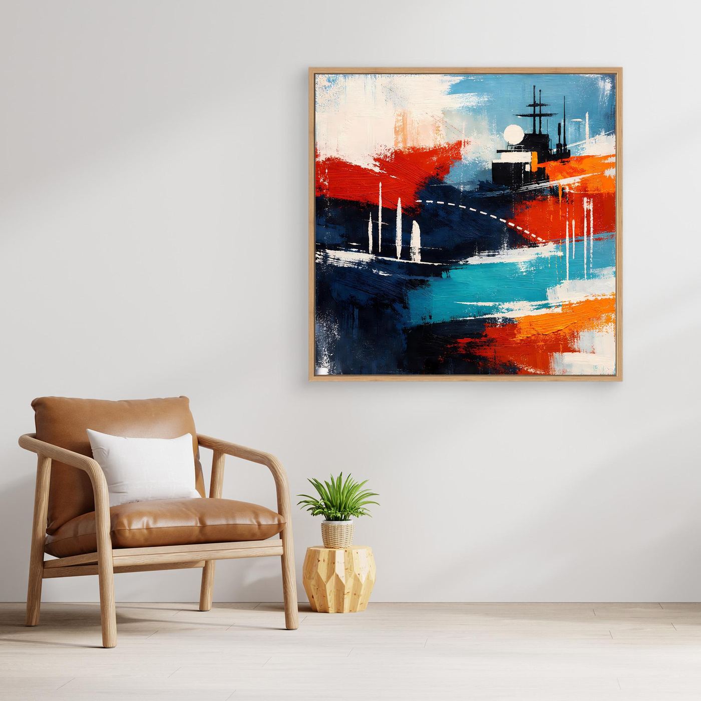 Abstraktes Leinwand-Wandbild mit Schiffs-Motiv, hellbrauner Rahmen, Blau und Rot