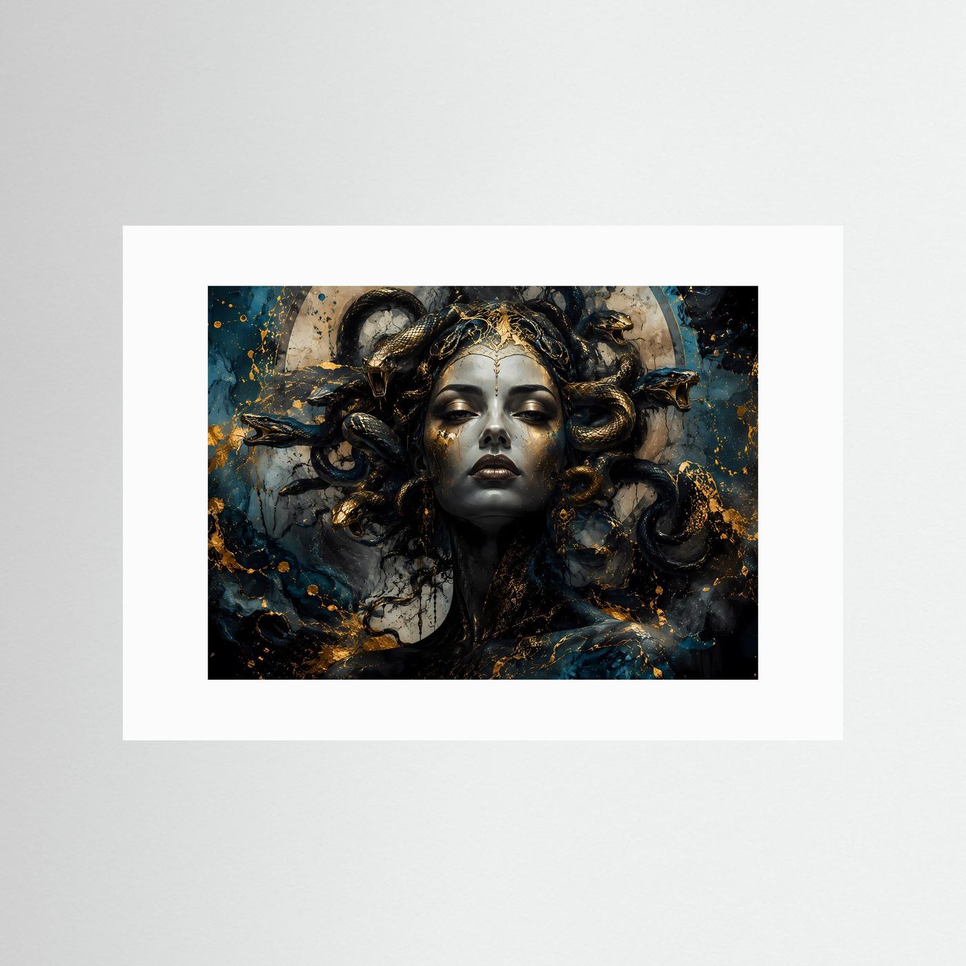 Mystische Medusa in Gold & Tiefblau | Modernes Mythologie Wandbild & Kunst-Poster