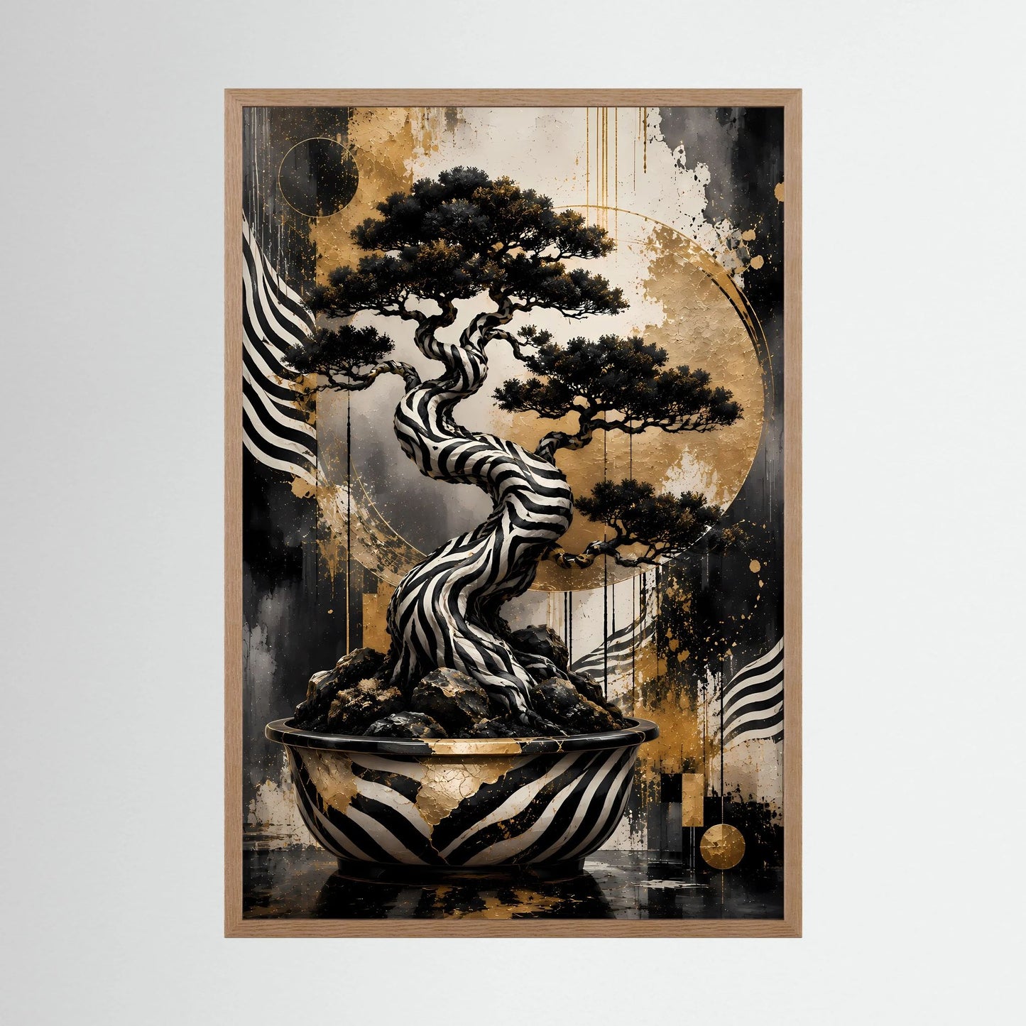 Zebra Bonsai | Abstrakter Baum in Schwarz Weiß Gold | Poster Hochformat