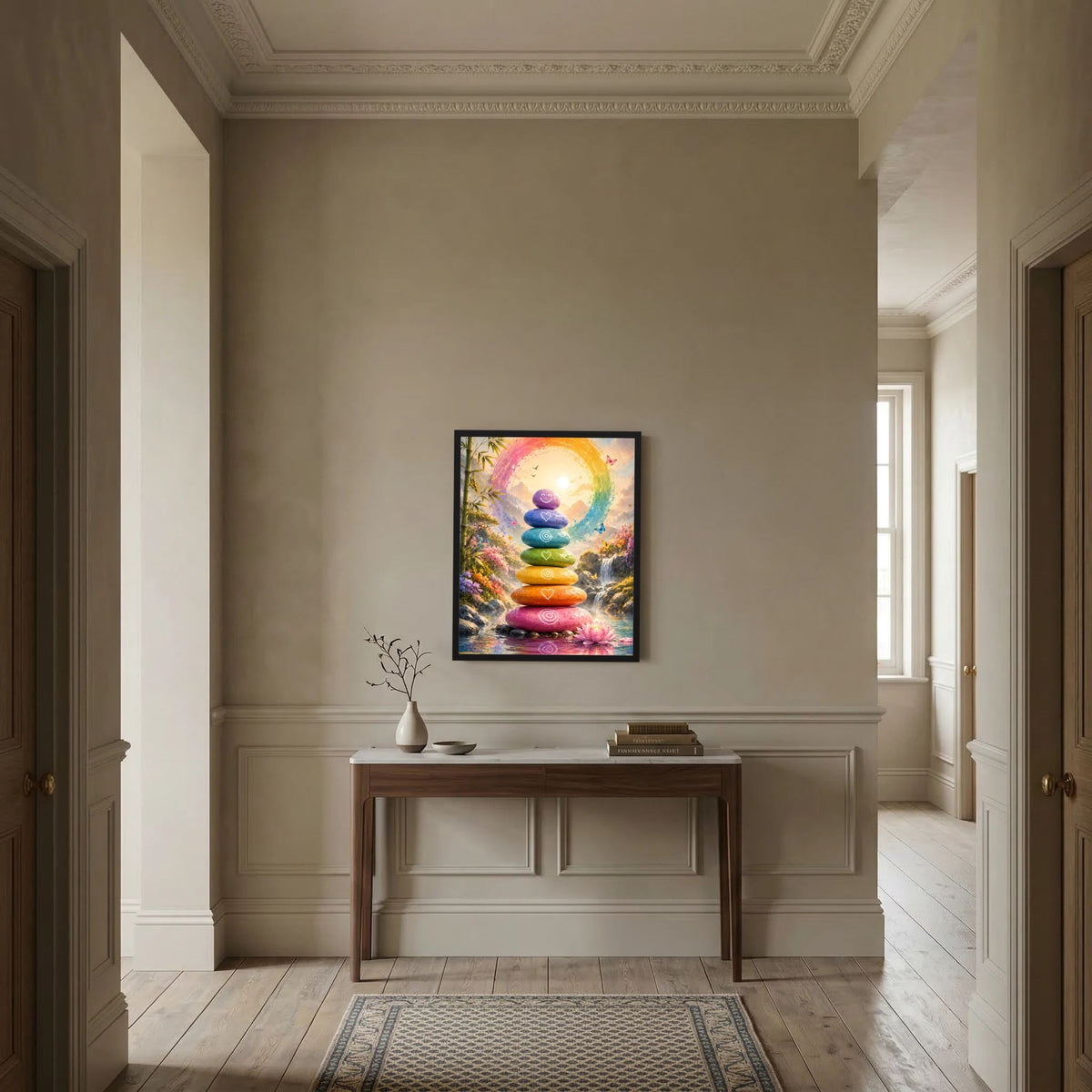 Zen-Poster mit Regenbogenkreis und gestapelten farbigen Steinen in schwarzer Umrahmung