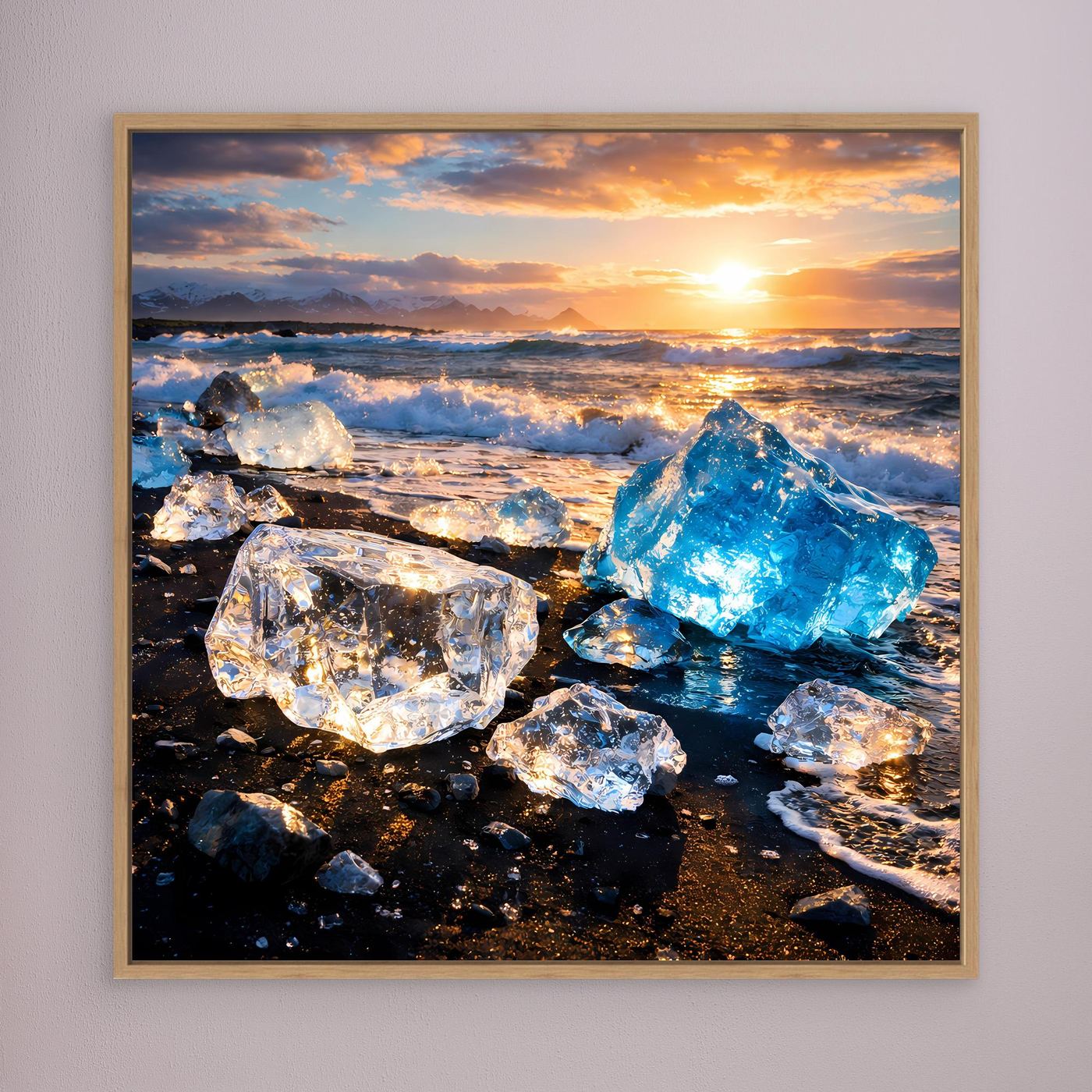 Leinwandbild mit Eisschollen am Strand bei Sonnenuntergang, goldbraun gerahmt