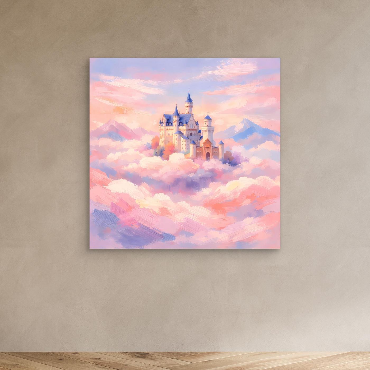 Leinwand Schloss Neuschwanstein über Wolken | Märchenhafte Pastelltöne Wandbild