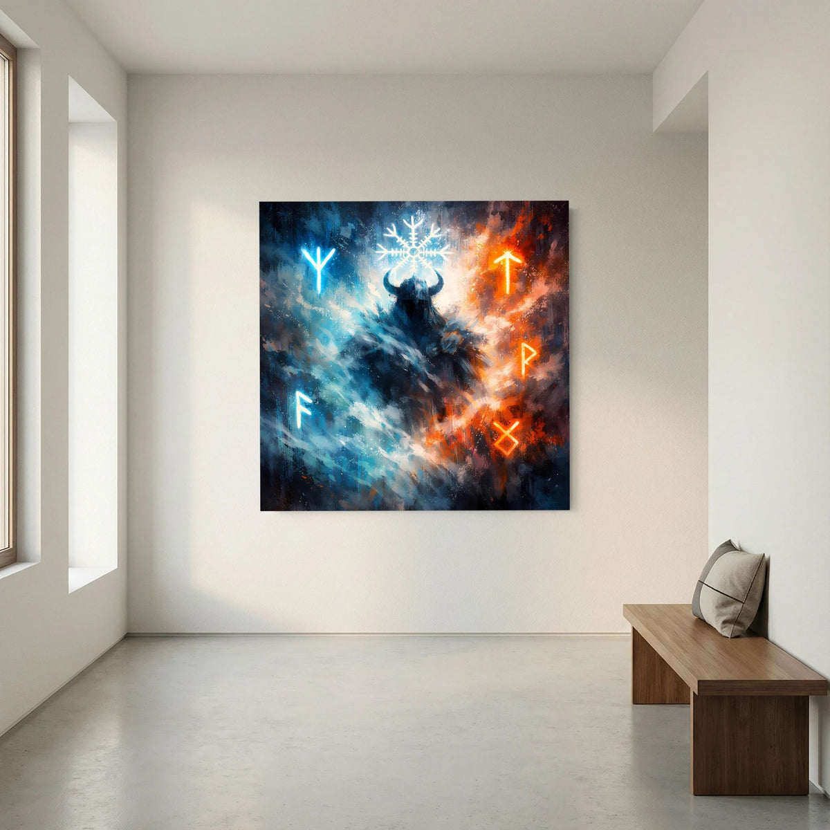 Wandbild auf Leinwand: Wikinger-Silhouette mit Schneeflocke und leuchtenden Runen, blau/rot